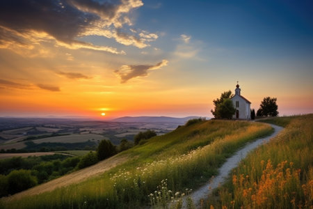 sunset view of a chapel on a hill, created with generative aiの素材
