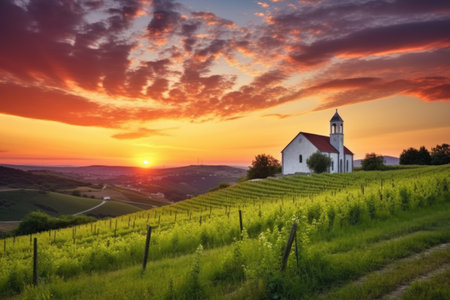 sunset view of a chapel on a hill, created with generative aiの素材