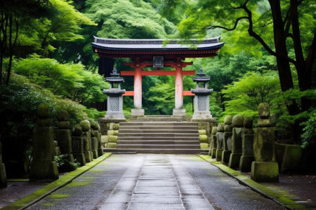 shinto shrine gate at the end of a stone pathway, created with generative aiの素材