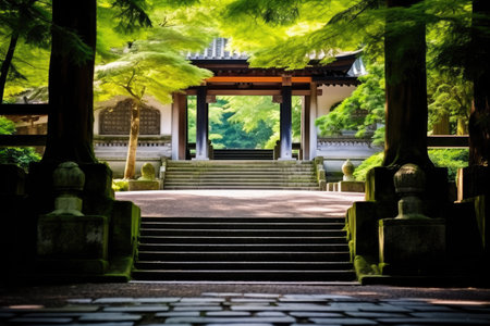 shinto shrine gate at the end of a stone pathway, created with generative aiの素材
