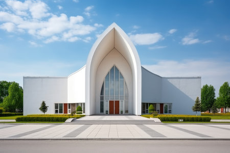 front view of a minimalist modern church, created with generative aiの素材