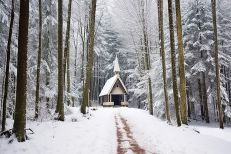 snow-covered chapel in a forest, created with generative aiの素材