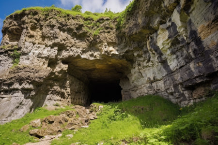 a cliff face showing the entrance of a large cave, created with generative aiの素材