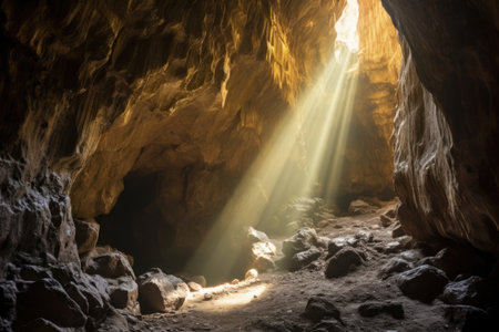 sunlight illuminating the interior of a cliff cave, created with generative aiの素材