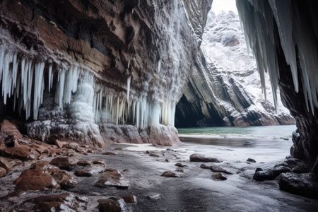 cliff cave with ice formations at the entrance, created with generative aiの素材