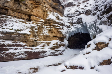 snow around the entrance of a cliff cave, created with generative aiの素材