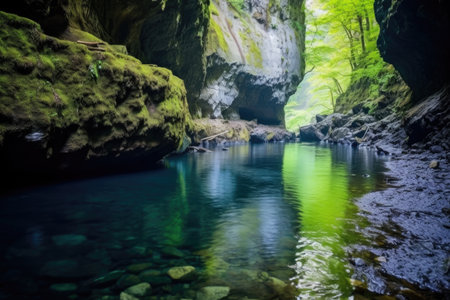 clear river flowing out of a cliff cave, created with generative aiの素材