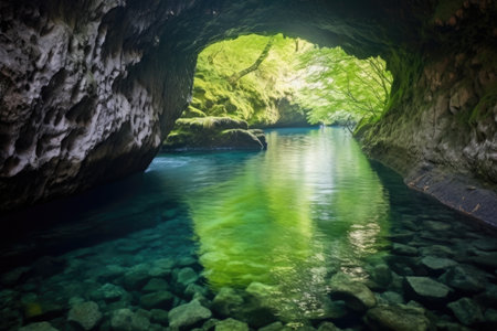 clear river flowing out of a cliff cave, created with generative aiの素材