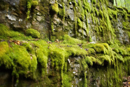 patches of moss on a rough cliff surface, created with generative aiの素材