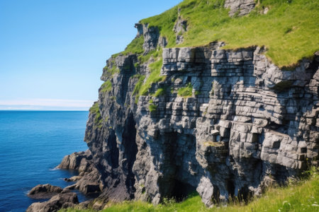 backside of a cliff with jagged rock edges, created with generative aiの素材
