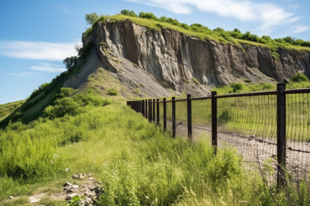 cliff edges fenced for protection, created with generative aiの素材