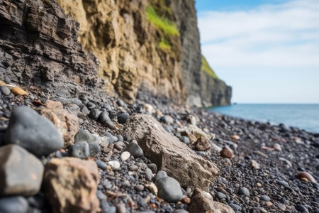 close-up of a cliffs edge with pebbles and small rocks, created with generative aiの素材