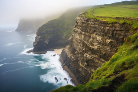 early morning mist enveloping a cliff diving spot, created with generative aiの素材