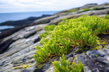 succulent plants growing on a rocky cliff, created with generative aiの素材