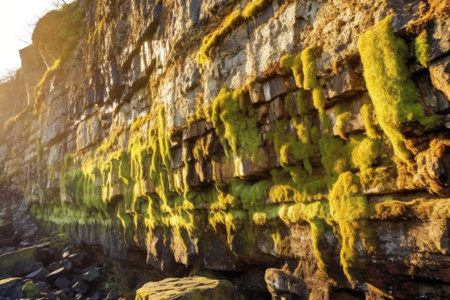 sunlight illuminating moss and lichen on a cliff, created with generative aiの素材
