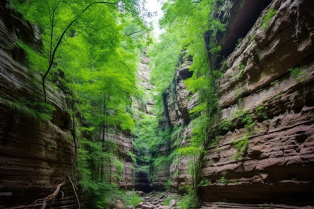 vertical walls of a canyon showcasing vegetation, created with generative aiの素材