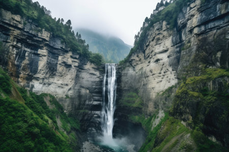 waterfall cascading down a high rocky cliff, created with generative aiの素材