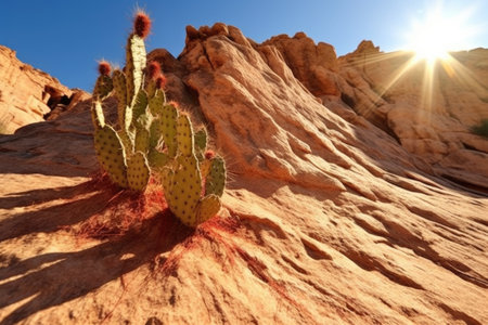 a cacti-studded desert cliff under a scorching sun, created with generative aiの素材