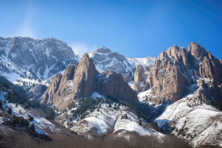 snow dusted cliff peaks touching a clear sky, created with generative aiの素材