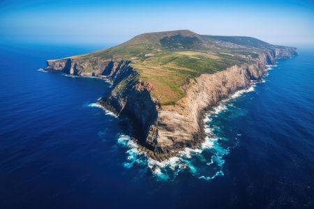 aerial shot of a cliff island surrounded by azure ocean, created with generative aiの素材