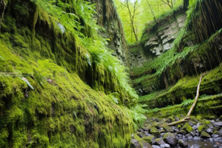 moss and ferns covering the north side of a rocky cliff, created with generative aiの素材