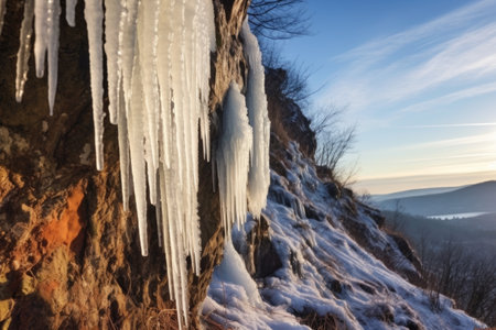 melting icicles on a mountain cliff, created with generative aiの素材