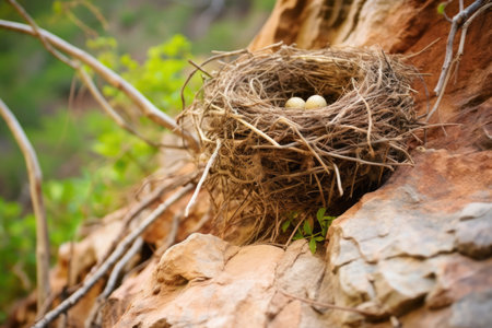 birdè¢Âs nest wedged in a cliff cranny, created with generative aiの素材