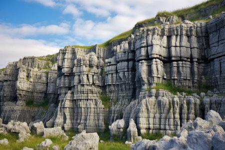 limestone formations jutting out of a rugged cliff, created with generative aiの素材