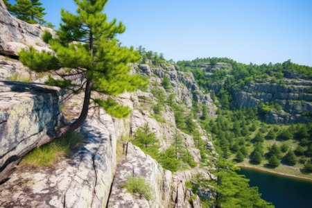 a pine tree growing on a steep cliff, created with generative aiの素材