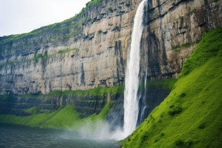 a cliff with a waterfall cascading down, created with generative aiの素材