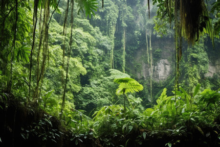 lush jungle foliage draped over a cliff, created with generative aiの素材