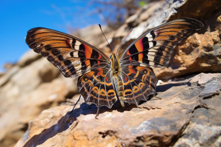 a butterfly set upon a wide, vibrant rock cliff, created with generative aiの素材
