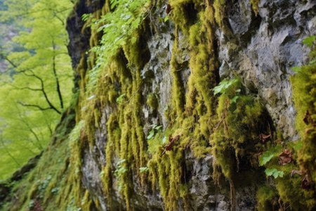 moss and lichens growing on a cliffside, created with generative aiの素材