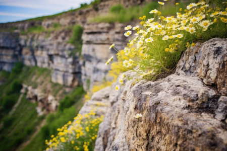 blooming flowers nestled into the side of a cliff, created with generative aiの素材