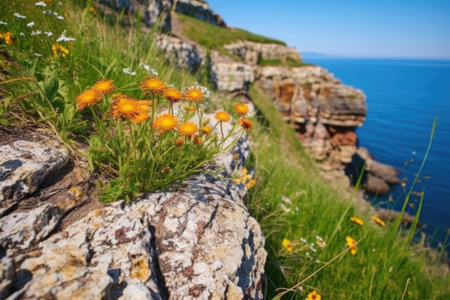 vibrant wildflowers growing at the edge of a cliff, created with generative aiの素材