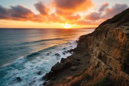 cliff against an ocean backdrop during sunset, created with generative aiの素材