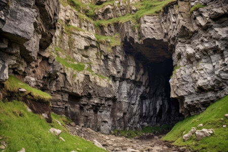 a cliff face with a natural cavern entrance, created with generative aiの素材
