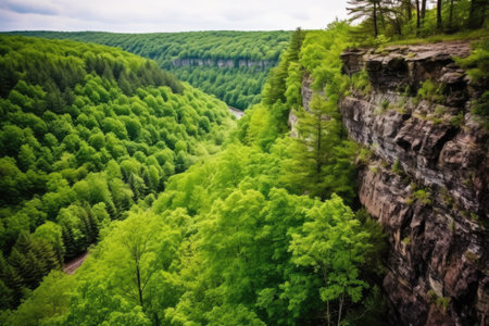 cliff edge overlooking a dense, lush forest, created with generative aiの素材