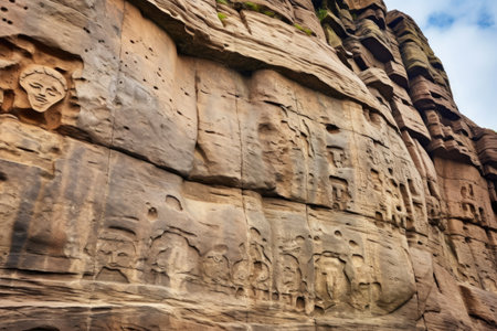 close-up of cliff with carved ancient symbols, created with generative aiの素材