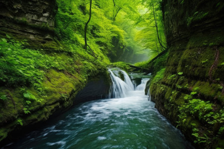 cliff in deep forest with waterfall rushing down, created with generative aiの素材