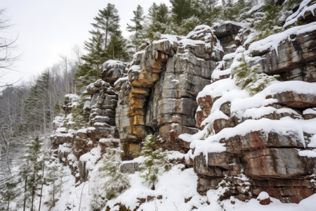 rocky cliff covered in snow, with evergreen trees, created with generative aiの素材