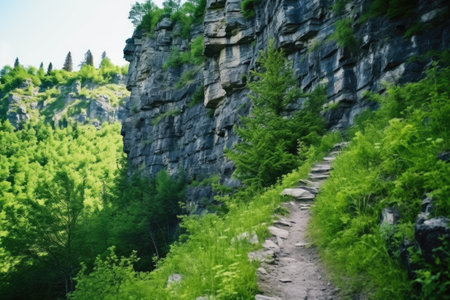 a hiking trail leading to a cliff edge, created with generative aiの素材