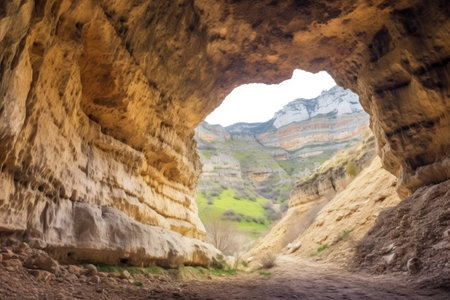 glimpse of a cave in the cliff ceramically mapped, created with generative aiの素材