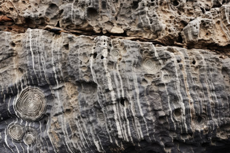 close-up of fossils embedded in cliff rock, created with generative aiの素材