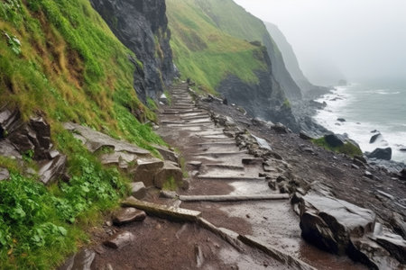 rain-soaked cliffside trail with slate rocks, created with generative aiの素材