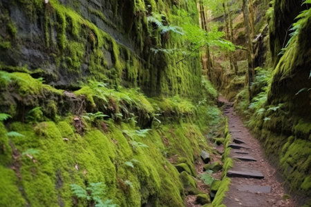 mossy forest path on a cliffside with ferns, created with generative aiの素材