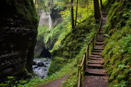 cliffside trail leading to a waterfall, created with generative aiの素材