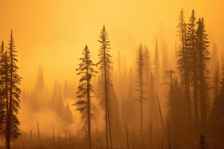 forest engulfed in wildfire smoke, created with generative aiの素材