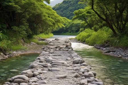 pebble path leading to a sequestered hot spring, created with generative aiの素材