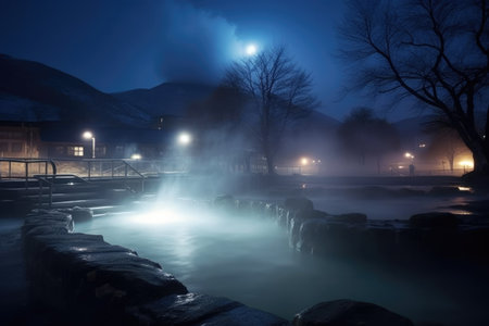 dimly-lit hot spring at night with steam rising, created with generative aiの素材